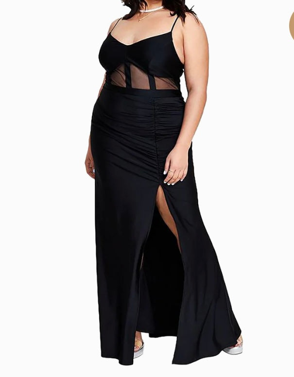 Plus women black evening dress with sheer waist