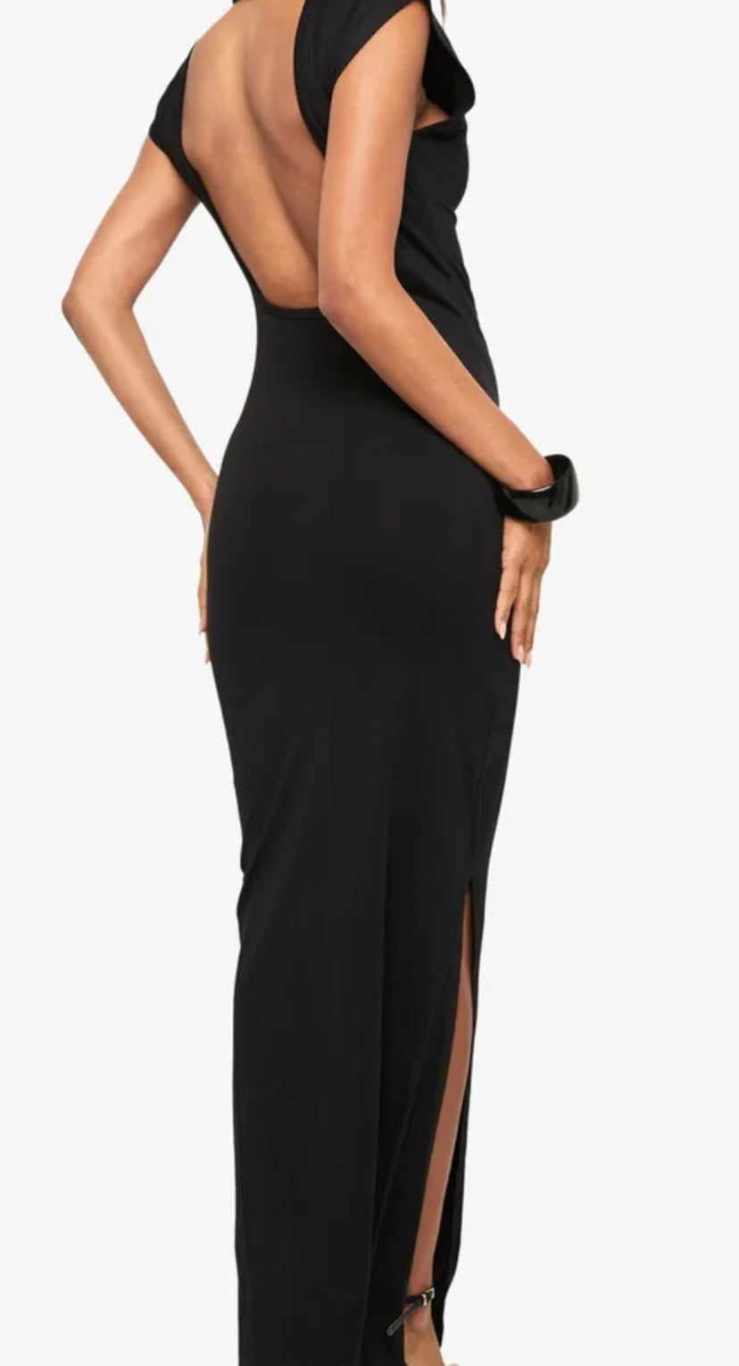 High neck backless midi length dress