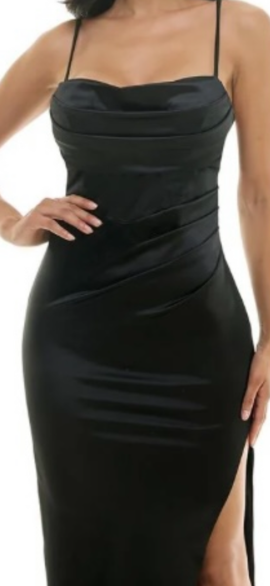 Maxi black satin dress with split